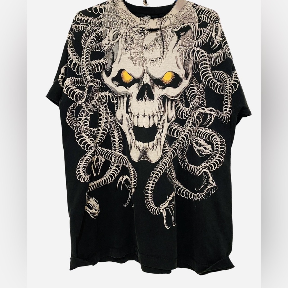 VTG 90s Medusa Skull Snake All Over Print Shirt XL Single Stitch Liquid Blue HTF
